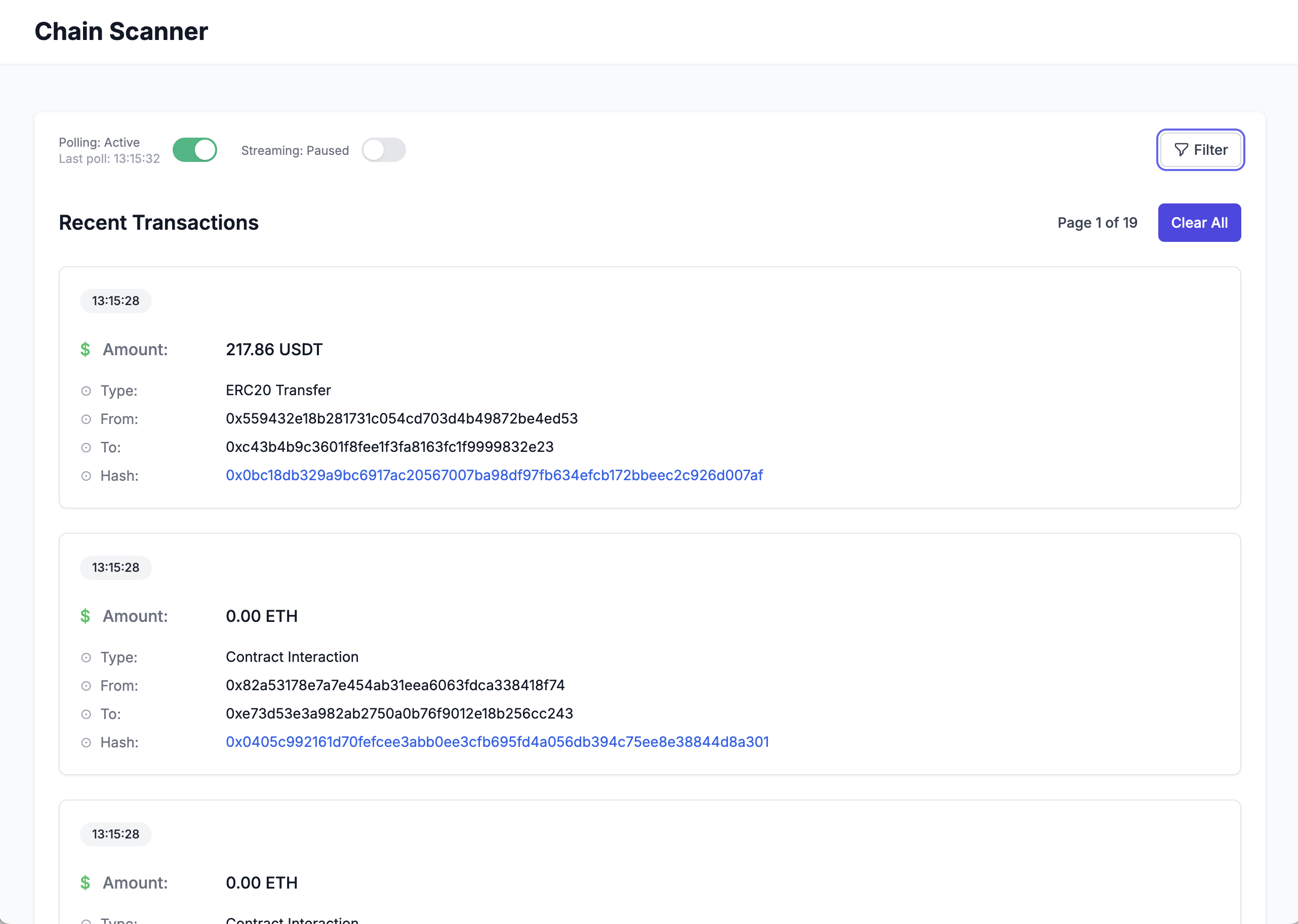 ChainScanner main interface showing transaction list with filters