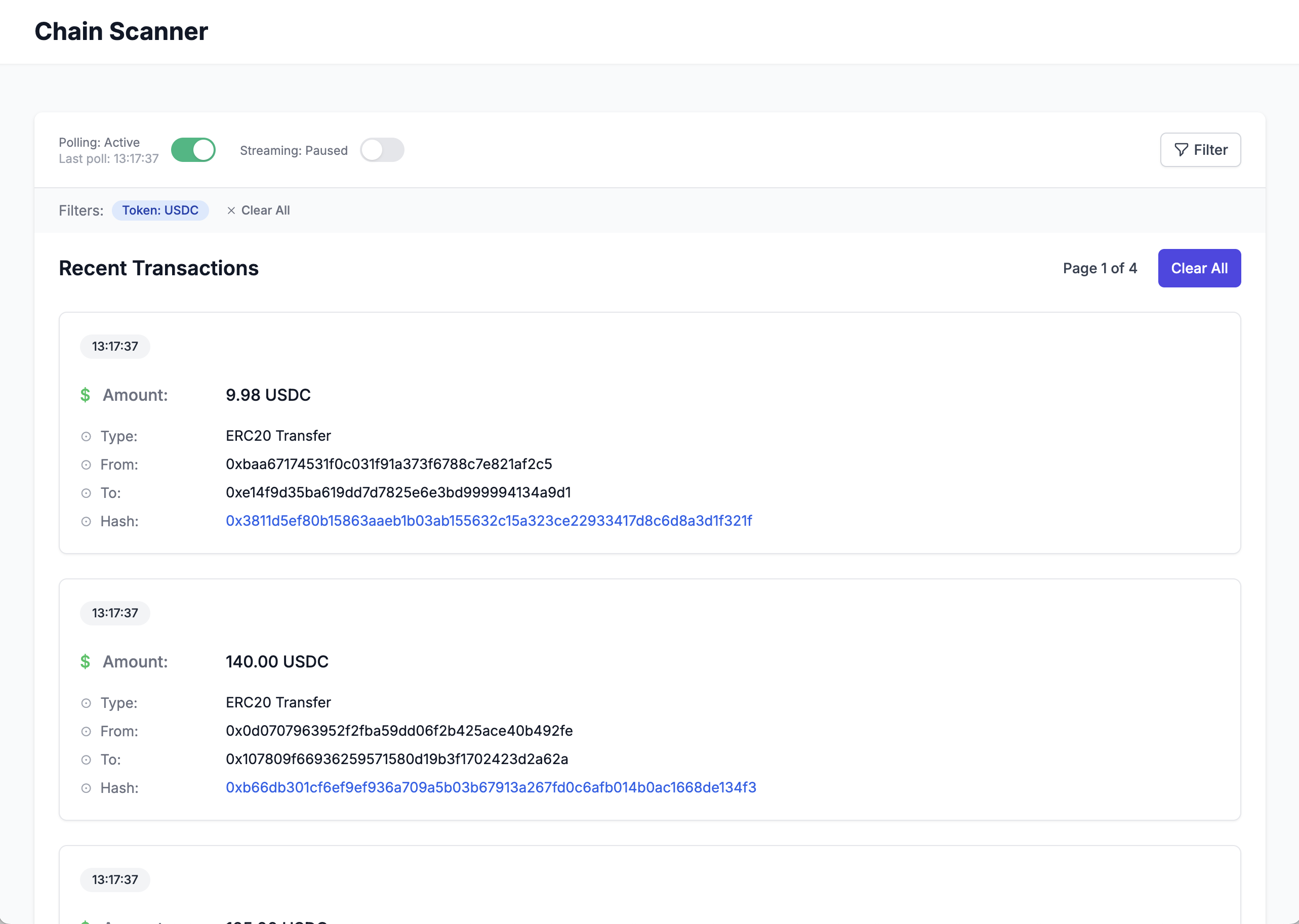 ChainScanner transactions view with detailed transaction information