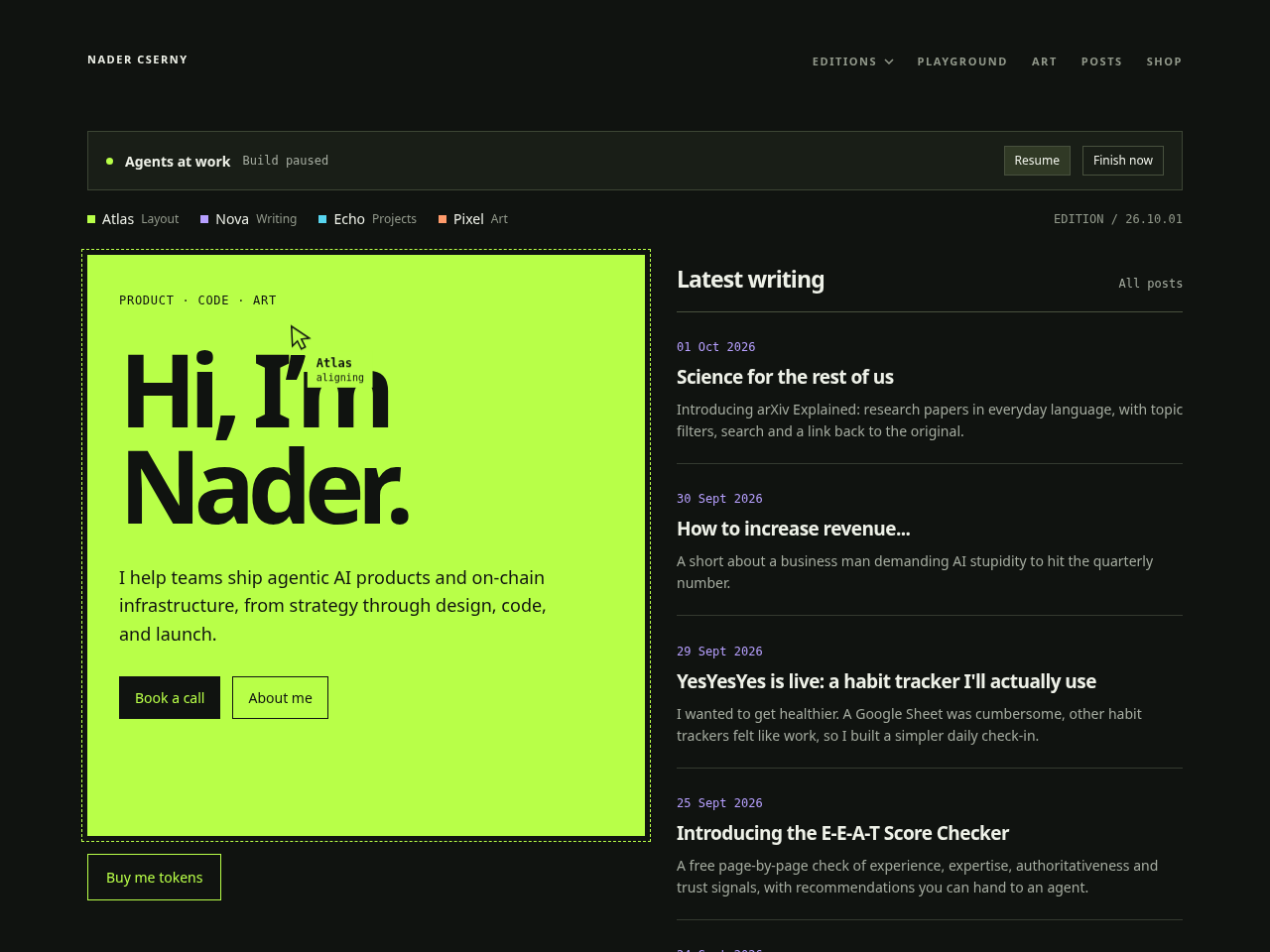 The agents edition of the nader.io front page
