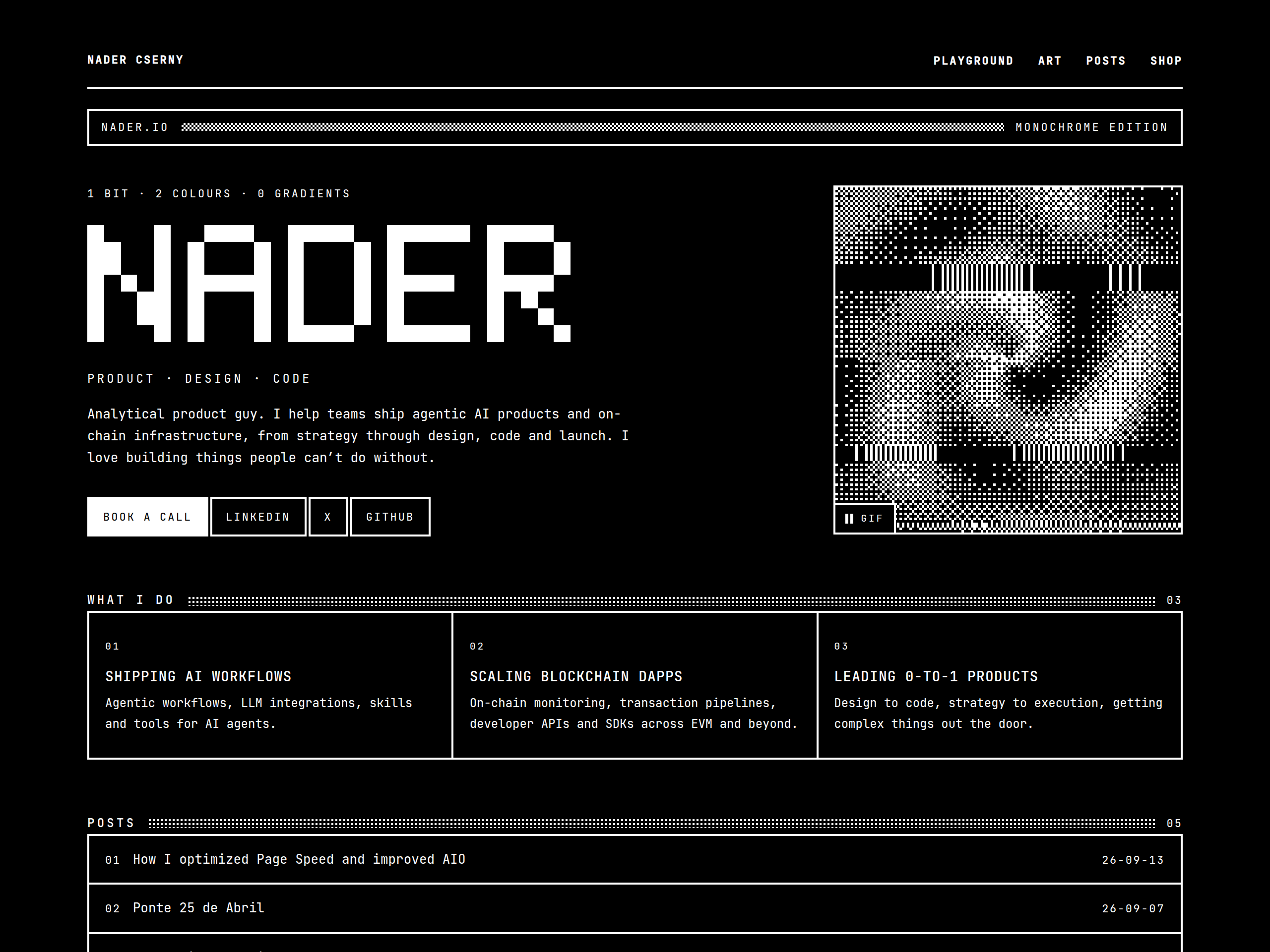 The monochrome edition of the nader.io front page