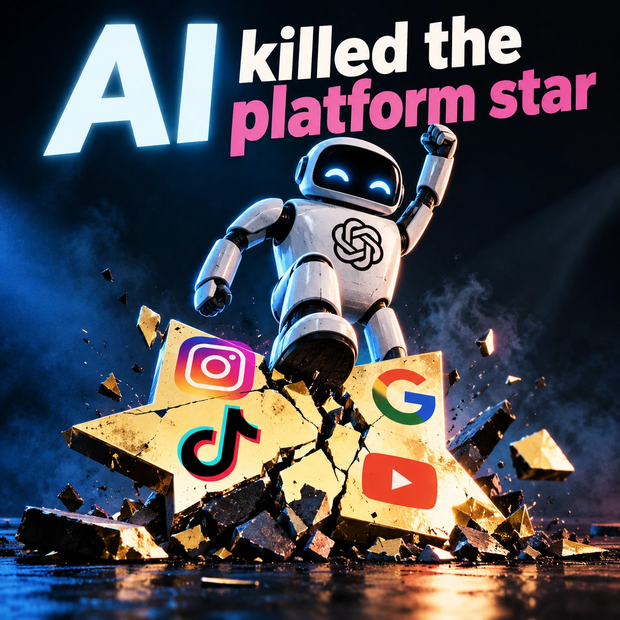 AI killed the platform star: a robot smashes a golden star bearing the Instagram, Google, TikTok and YouTube logos.