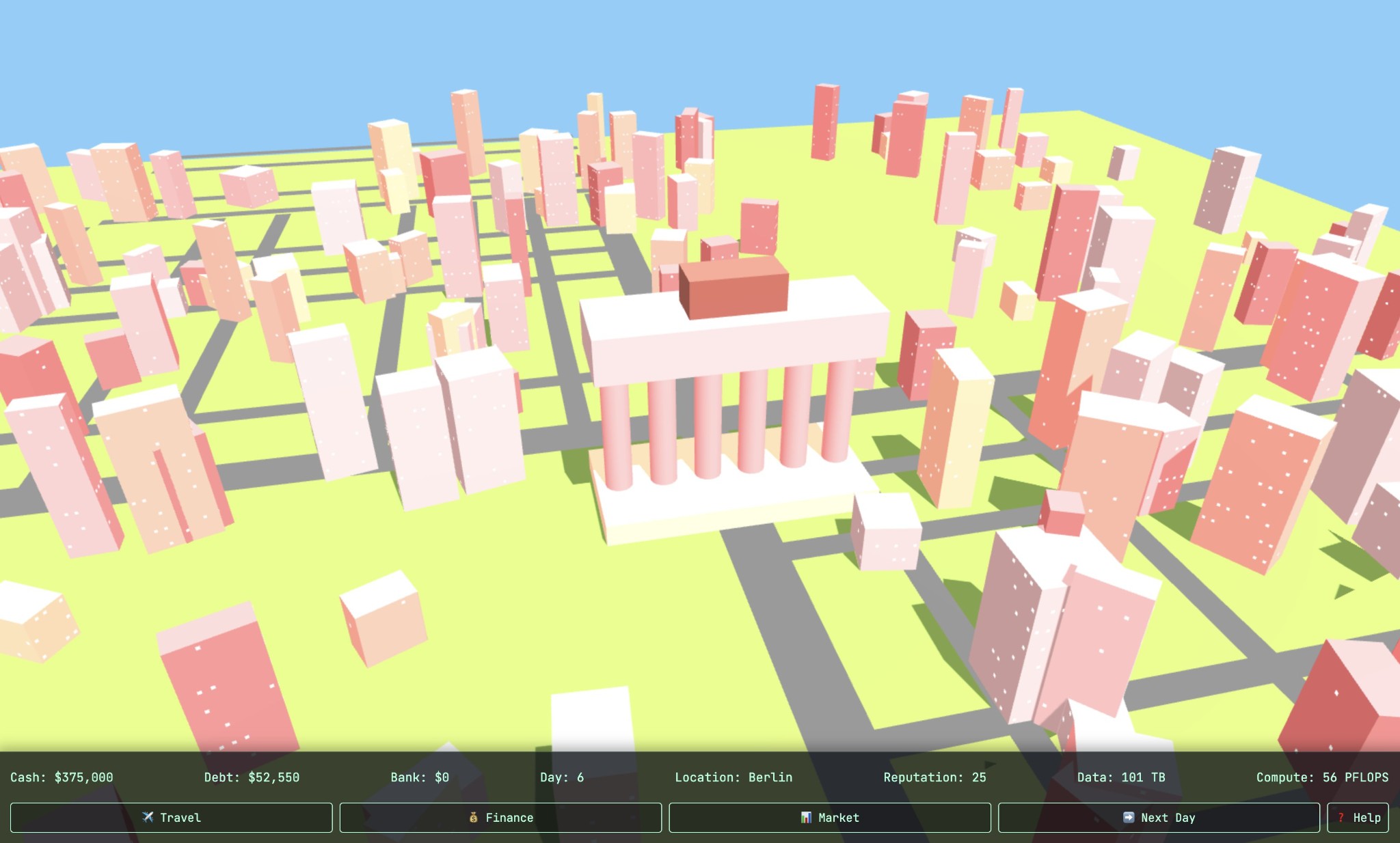 AI Wars city overview with 3D buildings