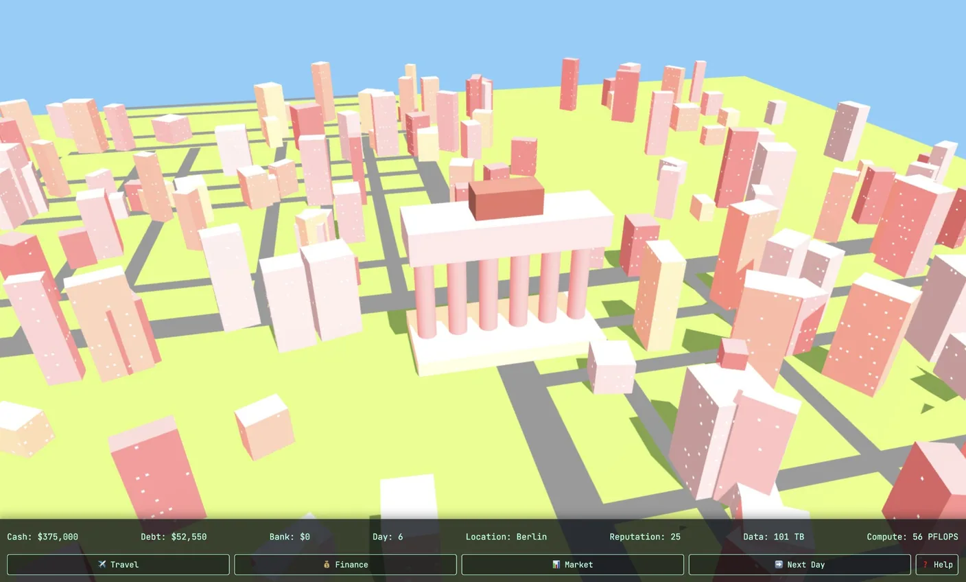 AI Wars city overview with 3D buildings