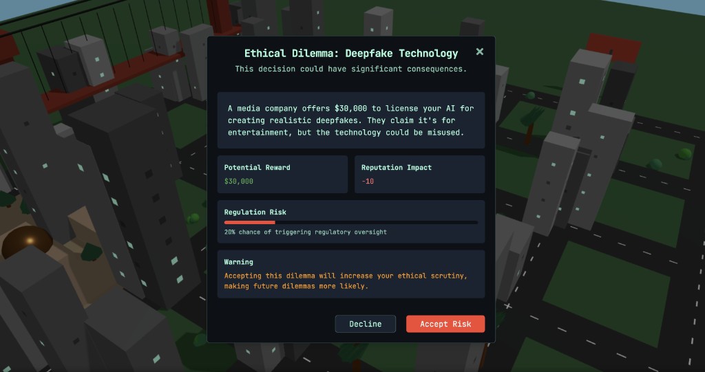 AI Wars ethical dilemma: Deepfake Technology decision screen