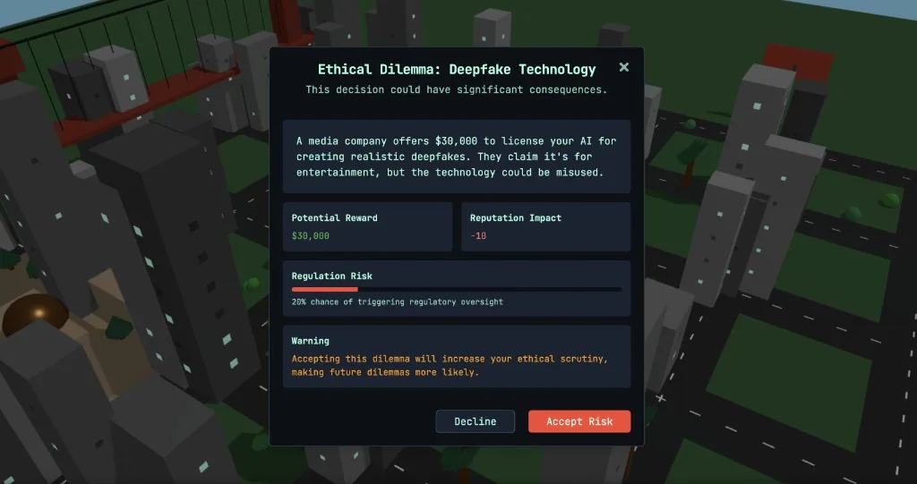 AI Wars ethical dilemma: Deepfake Technology decision screen