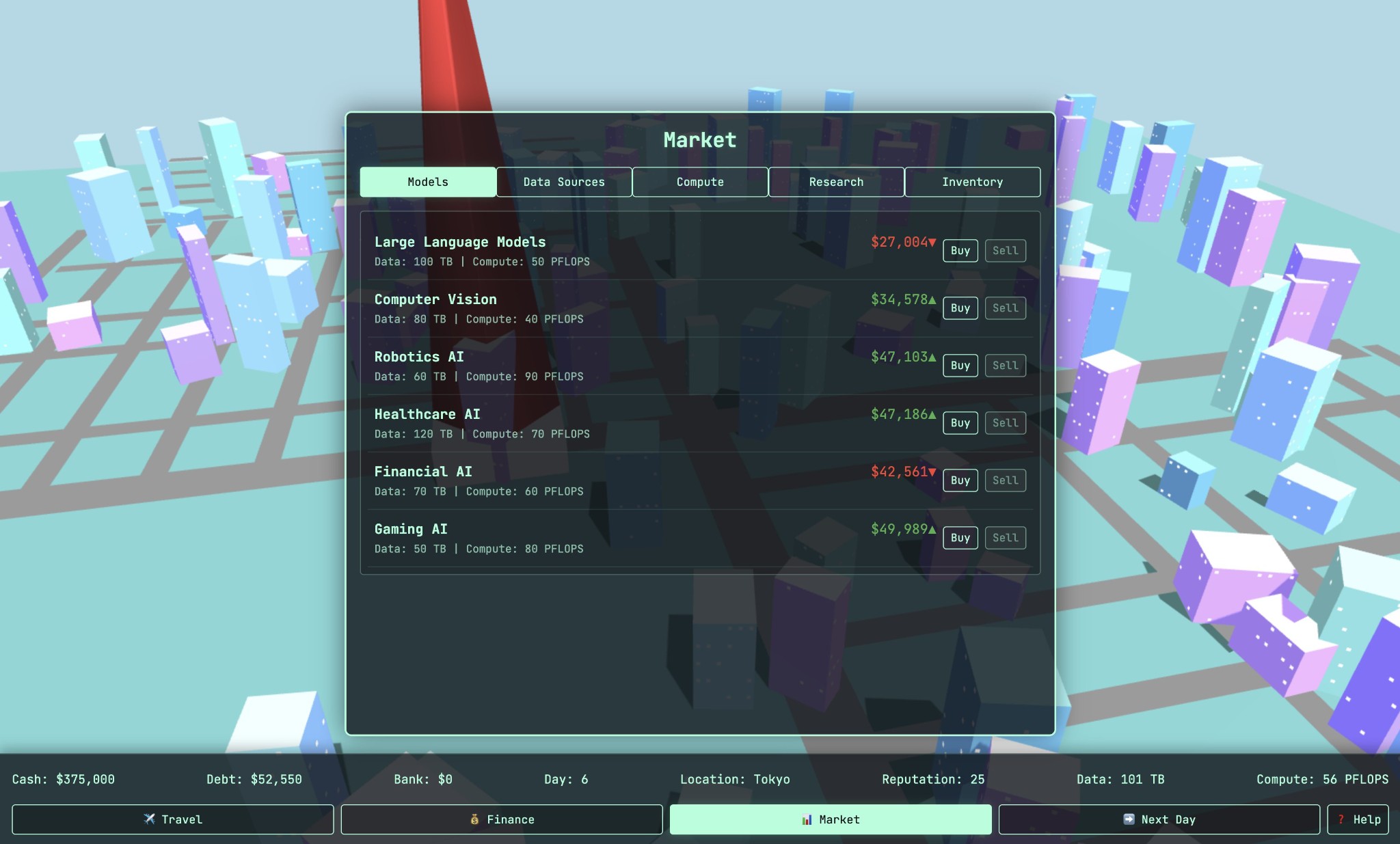 AI Wars market interface listing AI model categories