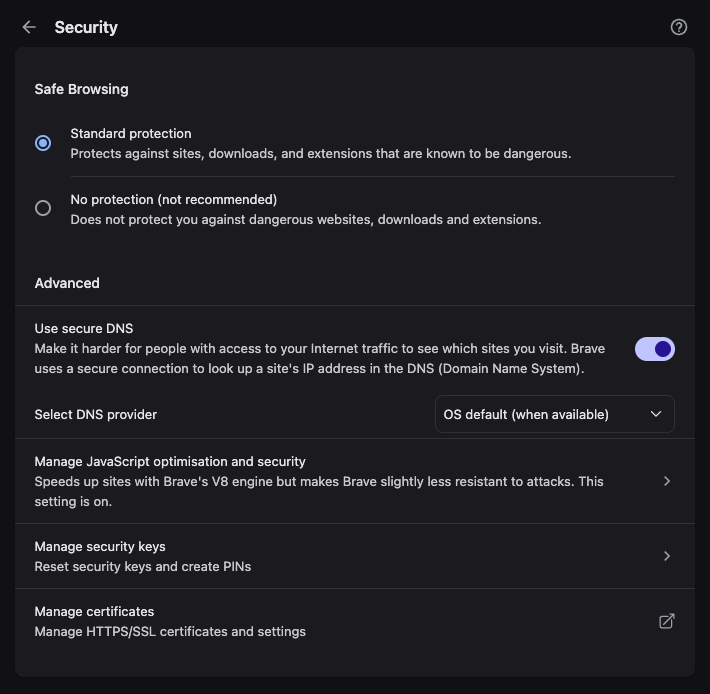 Brave security settings with secure DNS enabled and the provider set to OS default