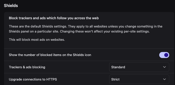 Brave Shields settings with Upgrade connections to HTTPS set to Strict