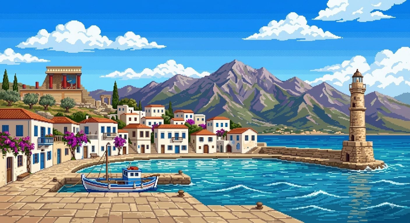 Pixel art of the old harbour in Chania: whitewashed houses with red roofs along the quay, bougainvillea on the walls, a fishing boat moored at the pier and the stone lighthouse across the water