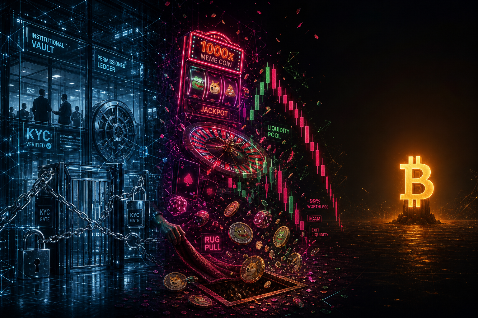 The permissioned vault, the neon rug-pull casino, and Bitcoin standing alone
