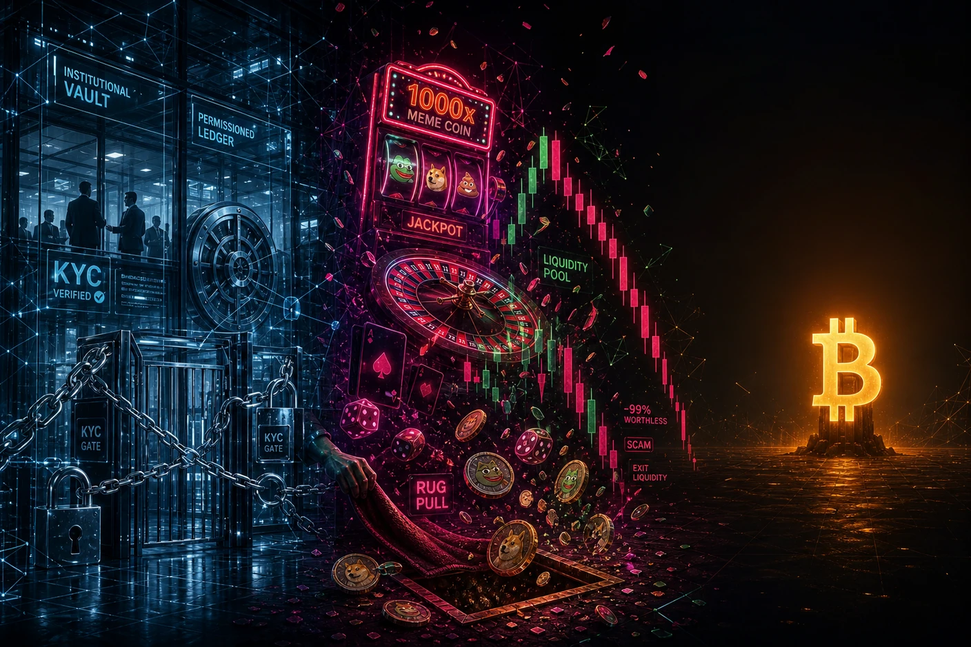 The permissioned vault, the neon rug-pull casino, and Bitcoin standing alone