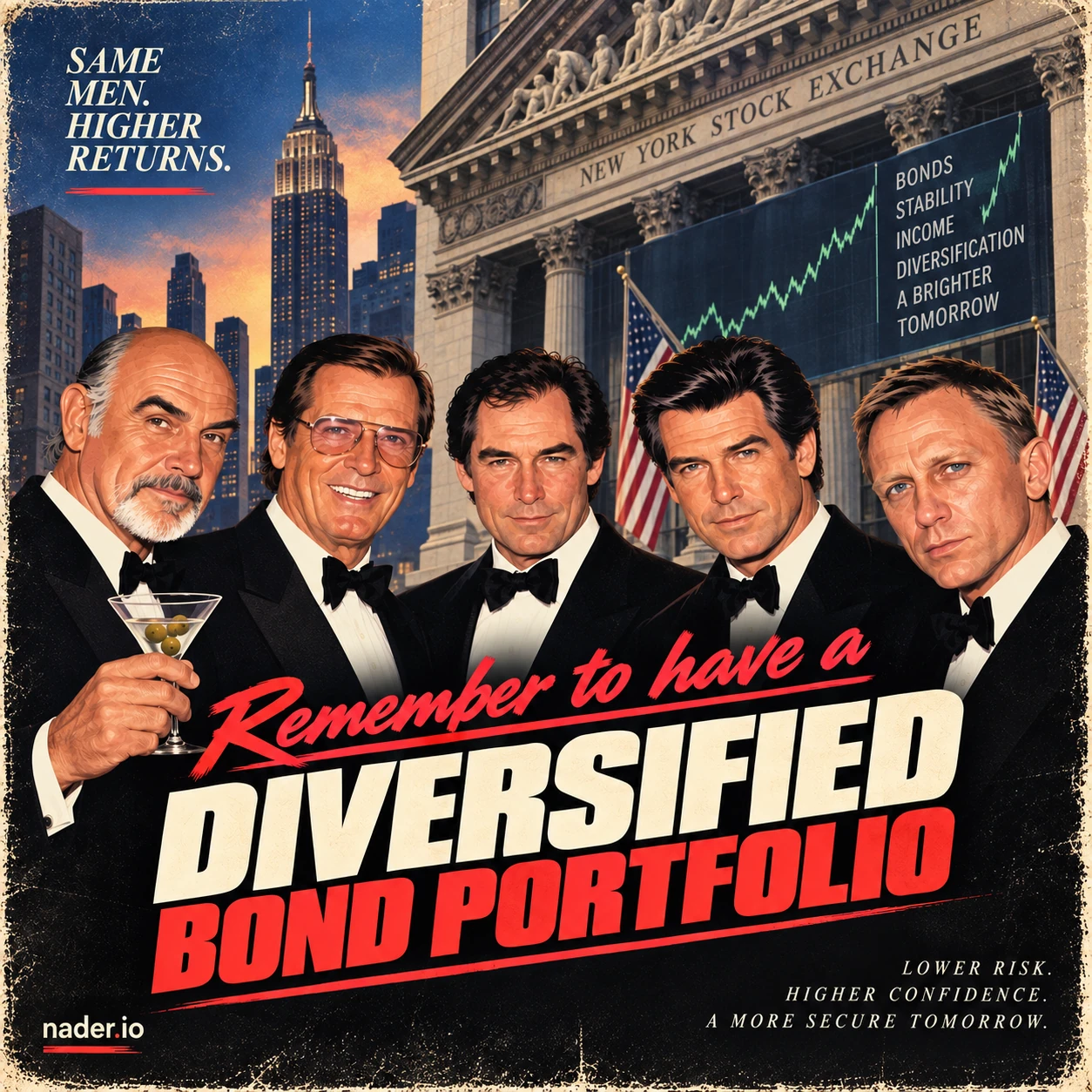 Retro-style illustrated poster showing five tuxedo-clad James Bonds outside the New York Stock Exchange, with the slogan Remember to have a diversified bond portfolio.