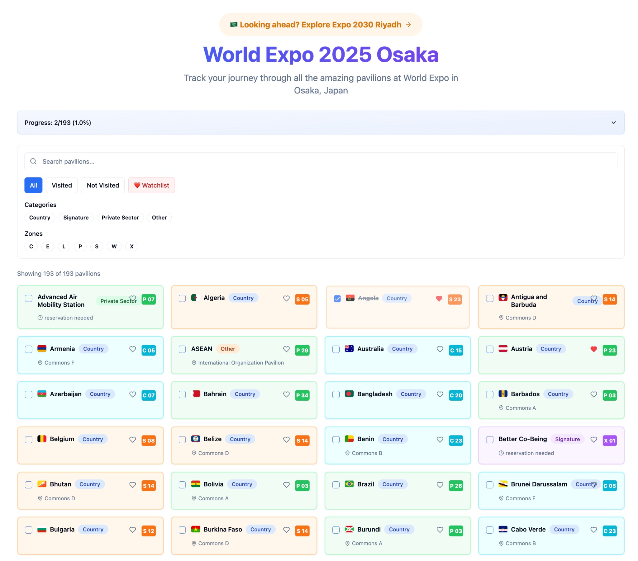 World Expo 2025 Osaka tracker — pavilion list, filters, and progress