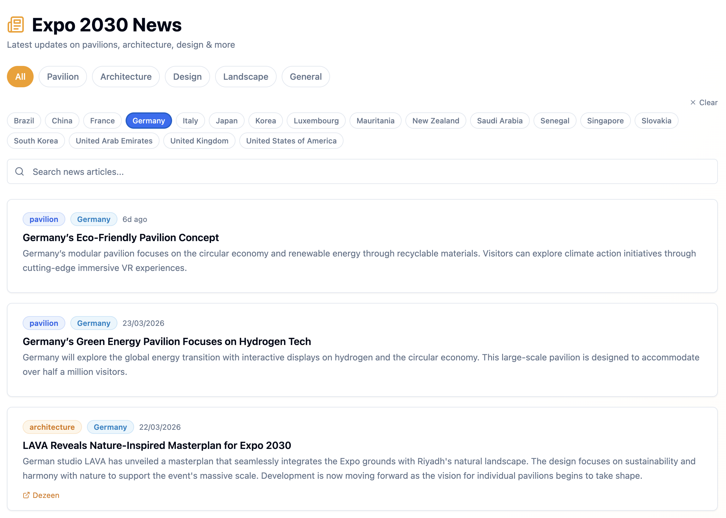 Expo 2030 News Tracker with Search and News by Country