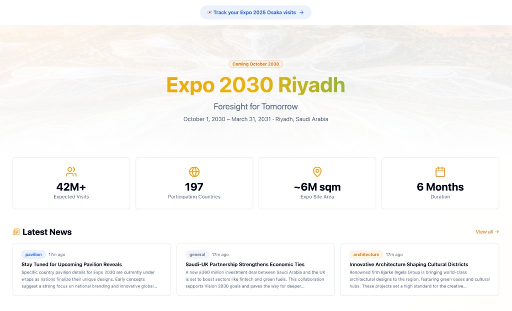 Expo 2030 Riyadh tracker homepage — Foresight for Tomorrow, October 2030, Riyadh