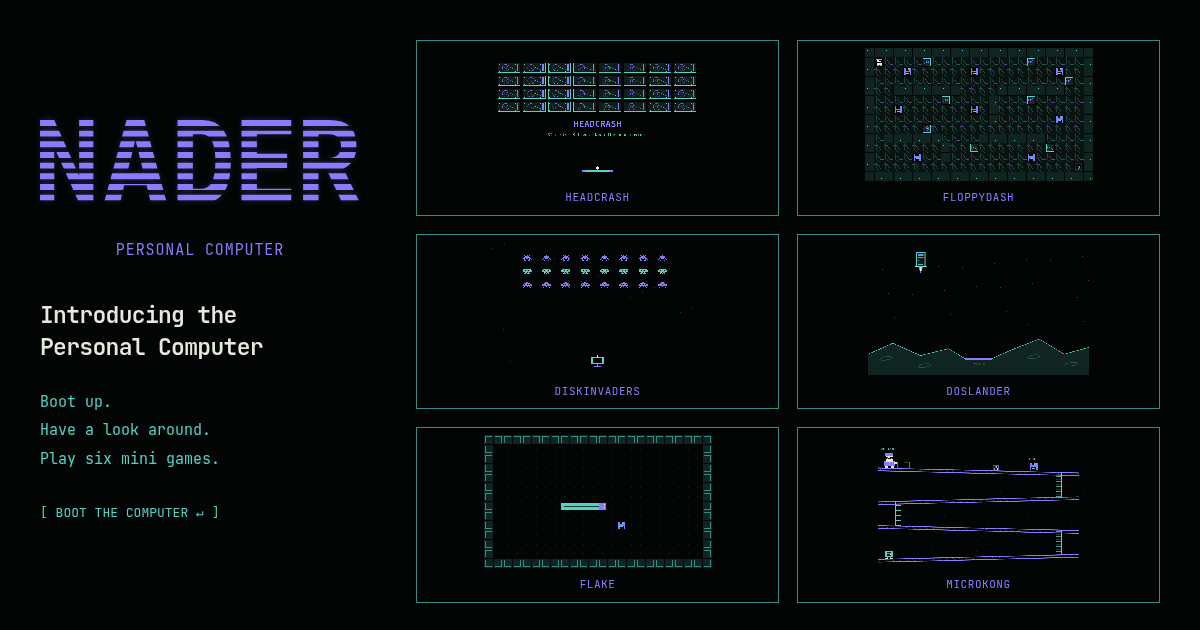 The striped NADER wordmark beside previews of all six Personal Computer mini games.