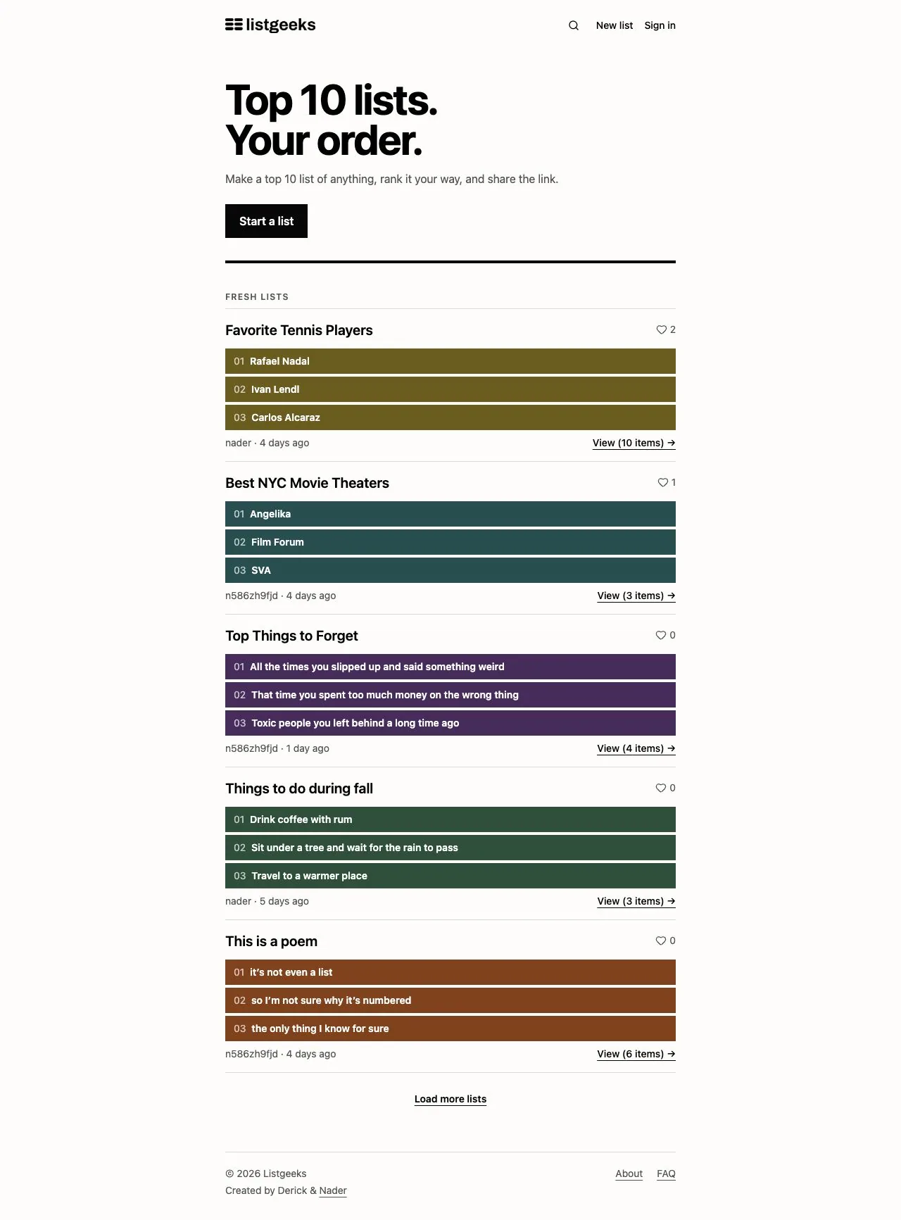 Listgeeks homepage preview featuring Favorite Tennis Players, Best NYC Movie Theaters, Top Things to Forget, Things to do during fall and This is a poem.