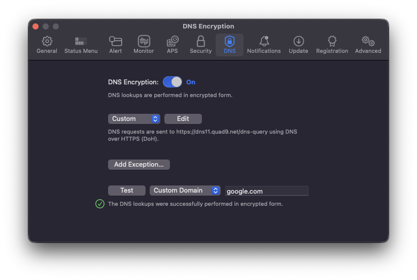 Little Snitch DNS Encryption set to a custom server, with the test reporting that lookups were performed in encrypted form