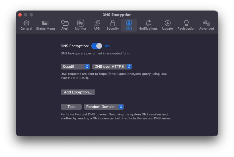 The Little Snitch Quad9 preset, showing that it sends requests to the unfiltered dns10.quad9.net server