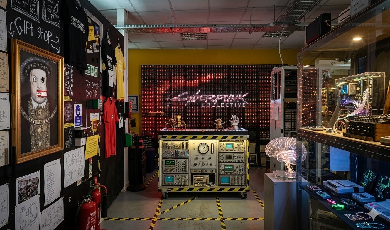 Generated image inspired by Sam Battle’s studio — modular synths, oscilloscopes, Cyberpunk Collective