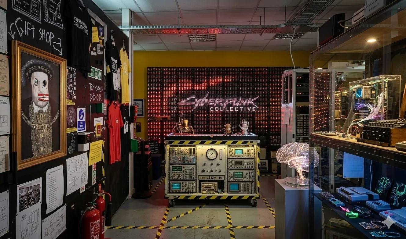 Generated image inspired by Sam Battle’s studio — modular synths, oscilloscopes, Cyberpunk Collective