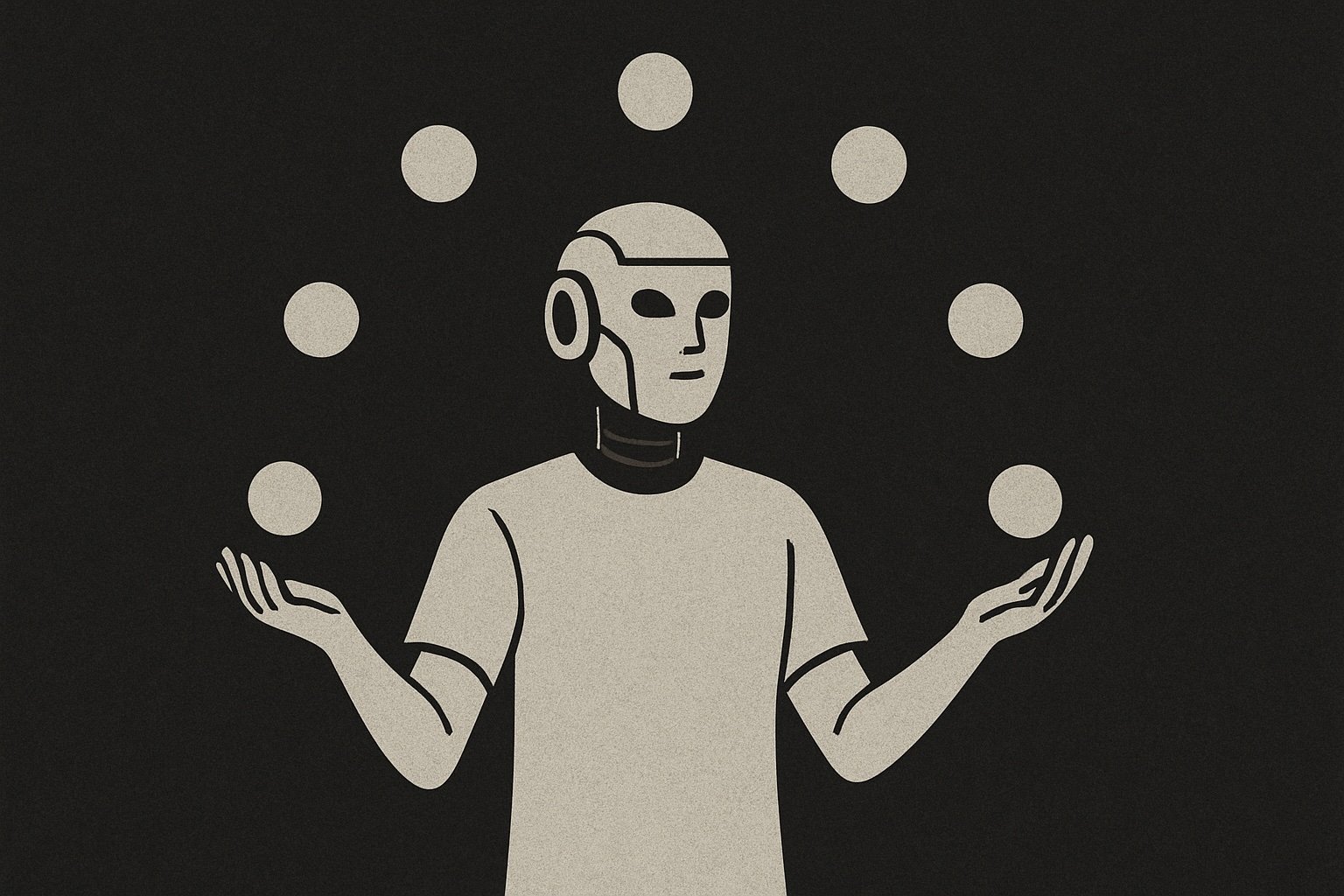 Robot juggling multiple spheres — AI orchestrating many tasks at once