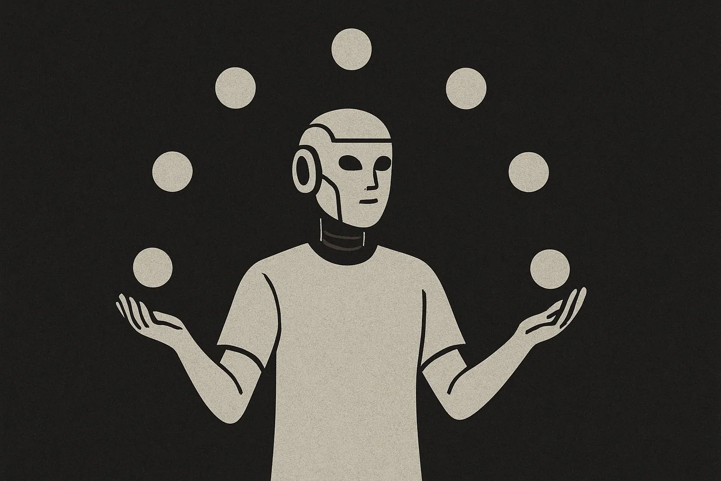 Robot juggling multiple spheres — AI orchestrating many tasks at once