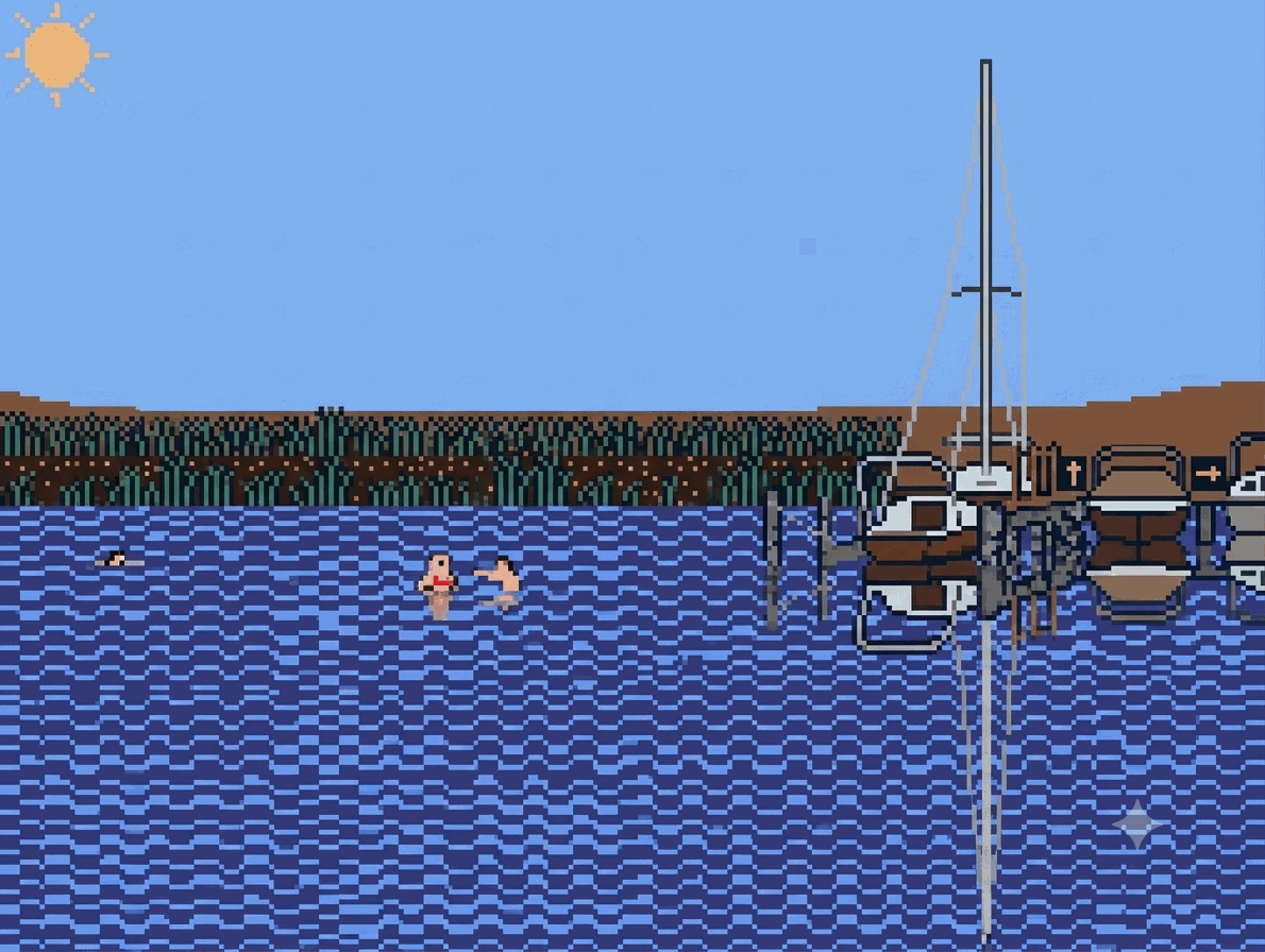 Pixel art of the Neusiedler See: two people splashing around in waist-deep water, a swimmer further out, a reed belt along the shore and sailboats moored at the jetty under a bright sun