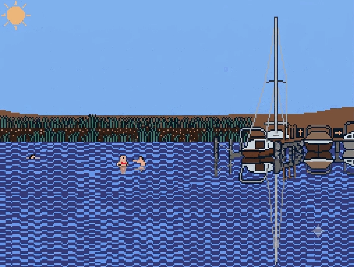 Pixel art of the Neusiedler See: two people splashing around in waist-deep water, a swimmer further out, a reed belt along the shore and sailboats moored at the jetty under a bright sun
