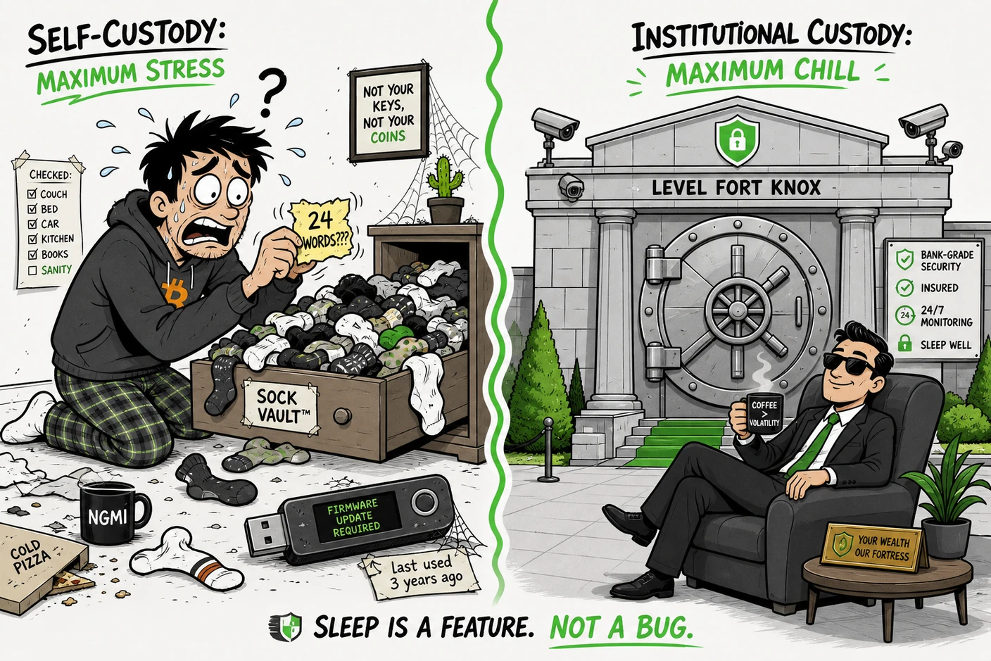 Self-custody stress versus institutional custody chill: a panicked investor digging through a “sock vault” for a paper with 24 words next to a dusty hardware wallet, while a relaxed person sips coffee in front of a giant bank vault.