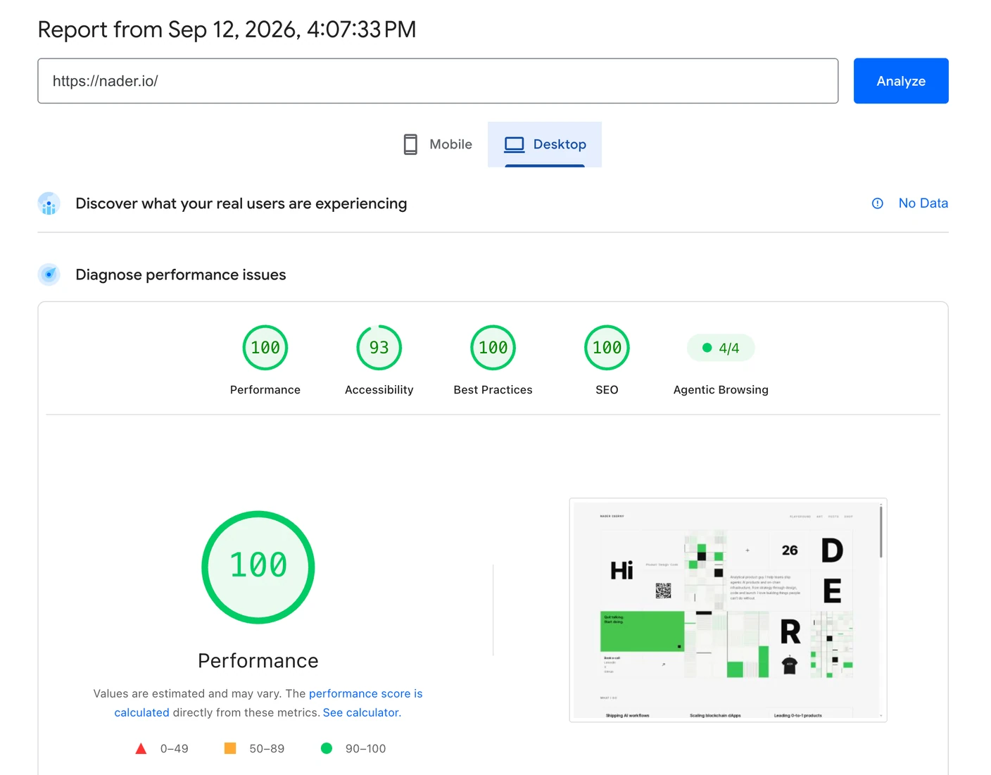 The PageSpeed Insights report for nader.io on desktop, dated 12 September 2026: Performance 100, Accessibility 93, Best Practices 100, SEO 100, and Agentic Browsing 4 out of 4, with a thumbnail of the home page beside the performance gauge.