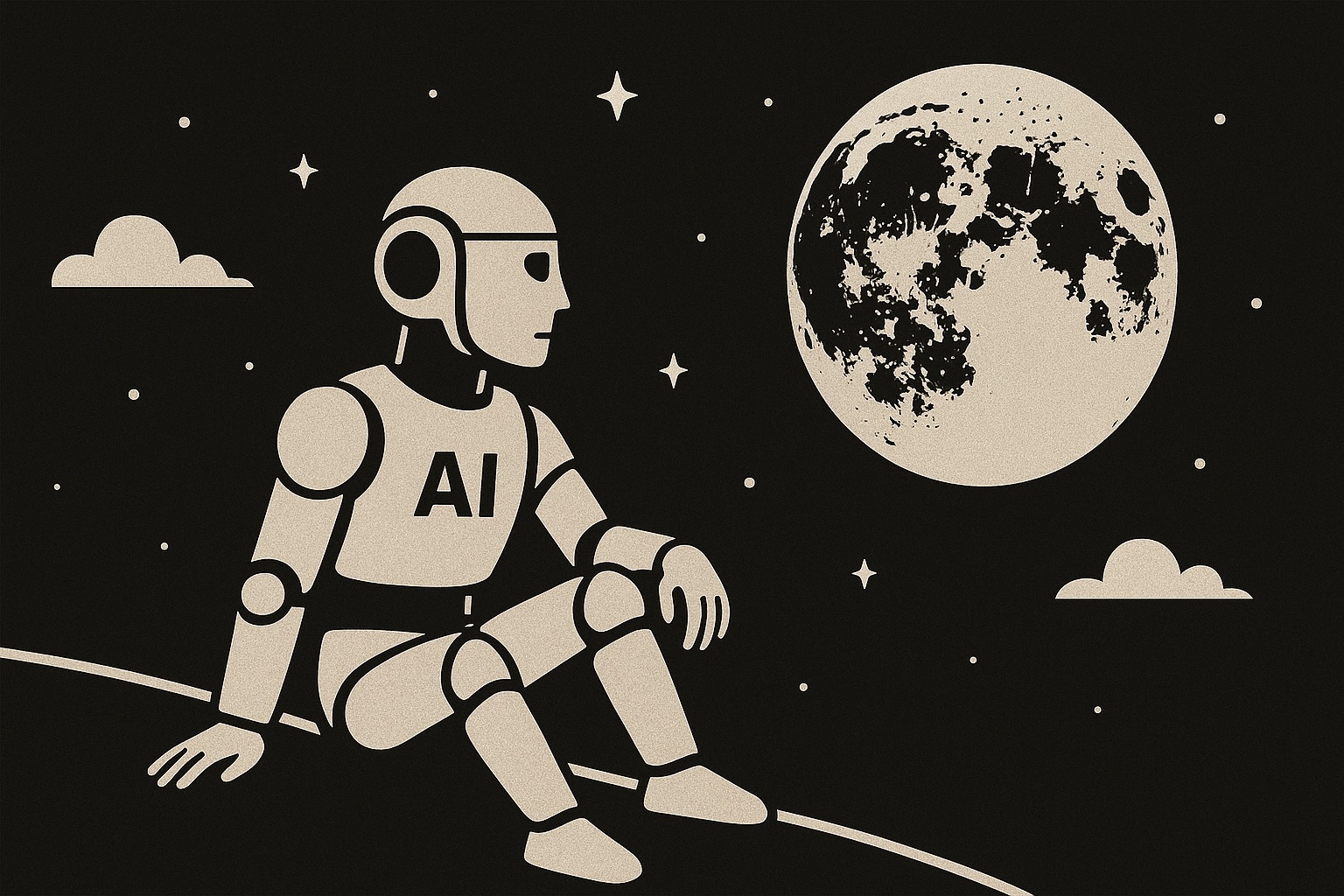 Monochrome AI-generated image of a figure looking at the moon