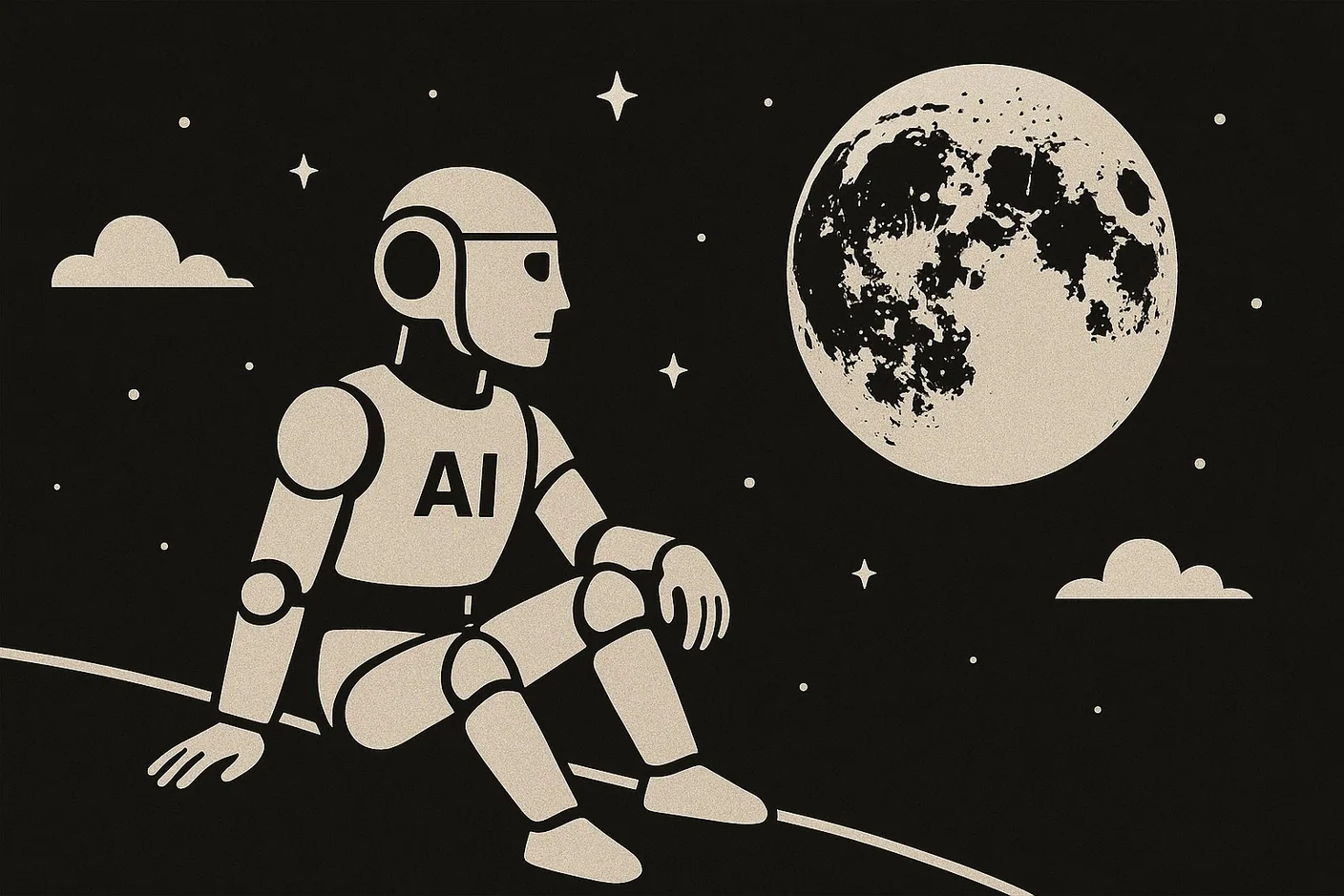 Monochrome AI-generated image of a figure looking at the moon