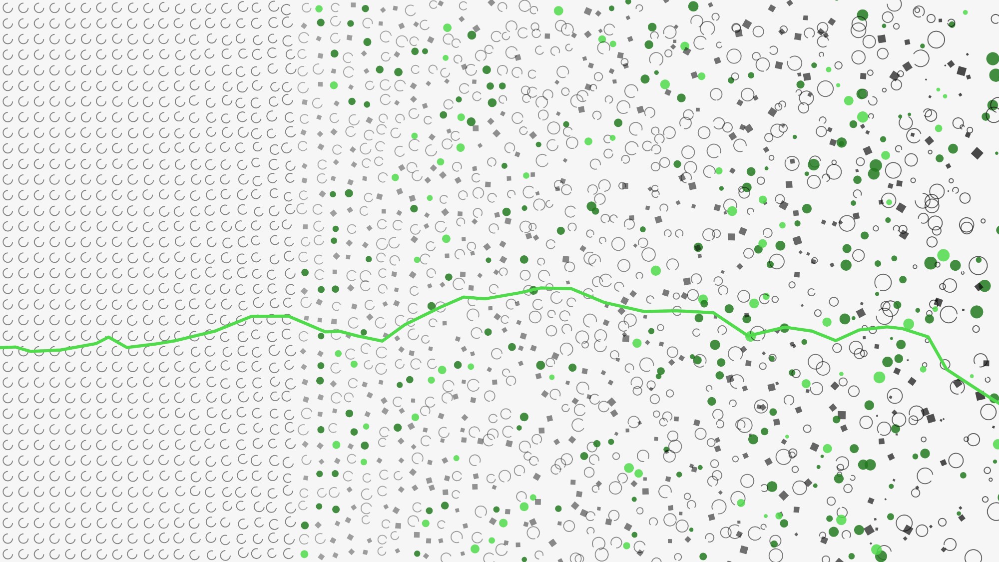A lattice of identical arcs on the left dissolving into scattered marks of random size and rotation on the right, with a green line threading across the middle