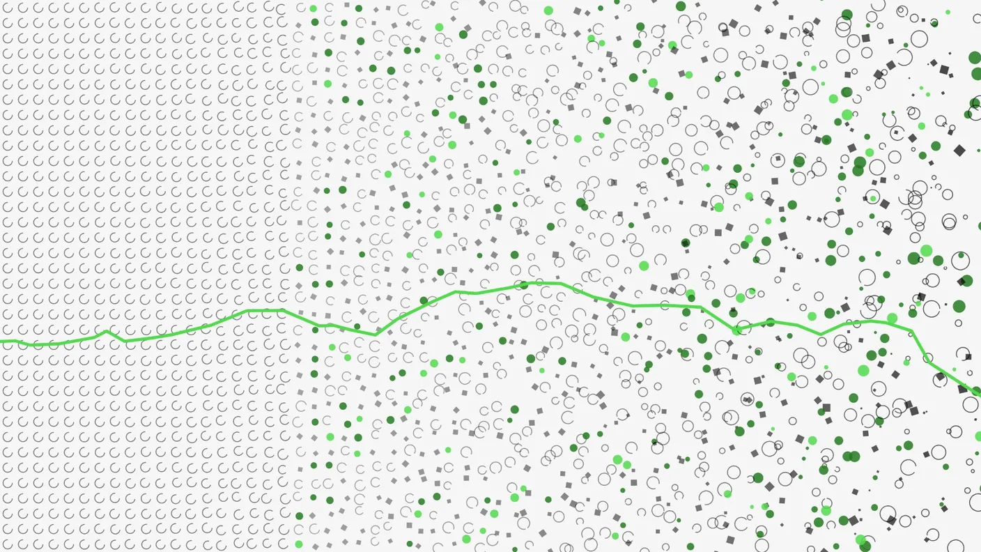 A lattice of identical arcs on the left dissolving into scattered marks of random size and rotation on the right, with a green line threading across the middle