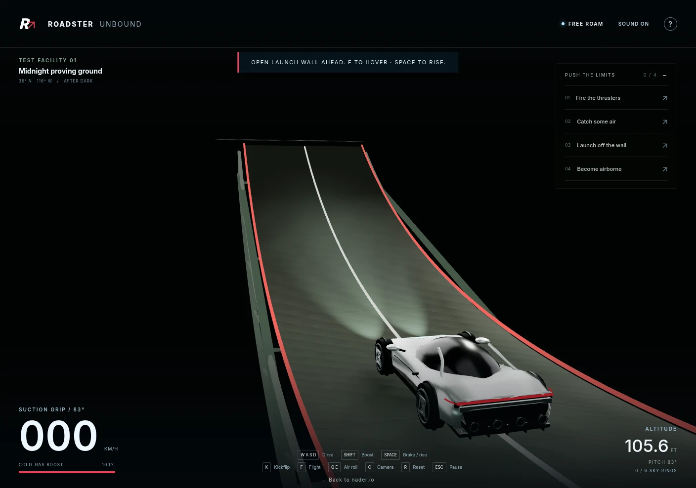 Roadster Unbound gameplay: the silver car held on an 83-degree concrete ramp by suction grip, with red-lit ramp edges and the driving HUD visible.