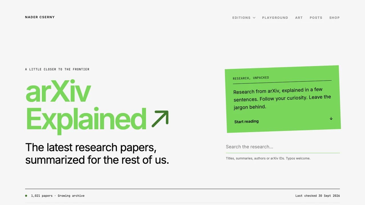 arXiv Explained, with its green title, research search field and growing archive of over 1,000 papers.