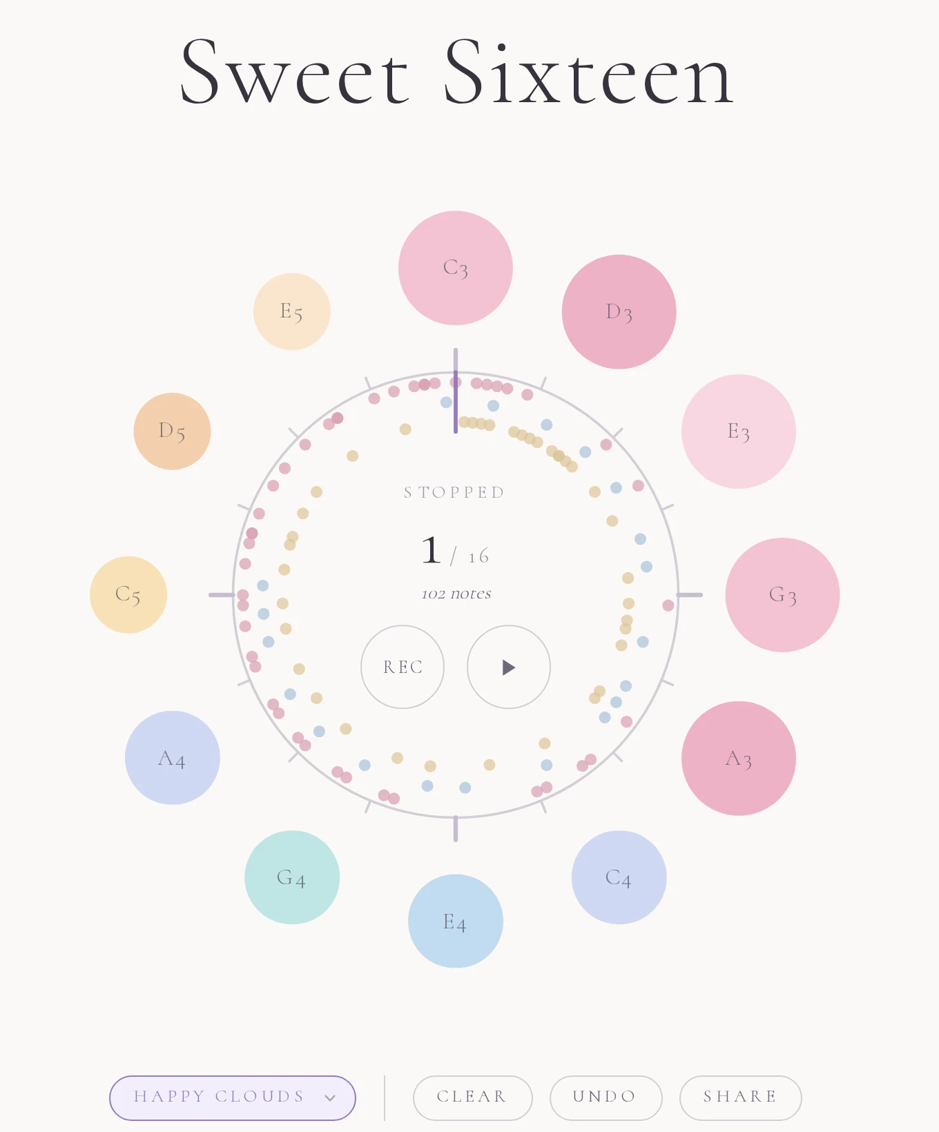 Sweet Sixteen: twelve pastel circles in a ring around a dial, each labelled with a note, coloured dots marking the notes on the sixteen-bar loop inside it, and Clear, Undo and Share below.