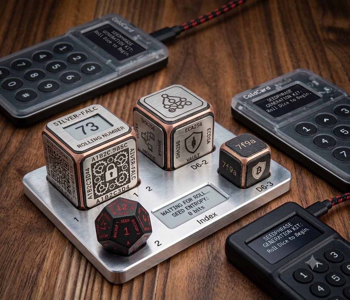 Coldcard devices around a machined tray of metal entropy dice, every screen still reading "Roll Dice to Begin" and the index showing SEED ENTROPY: 0 bits