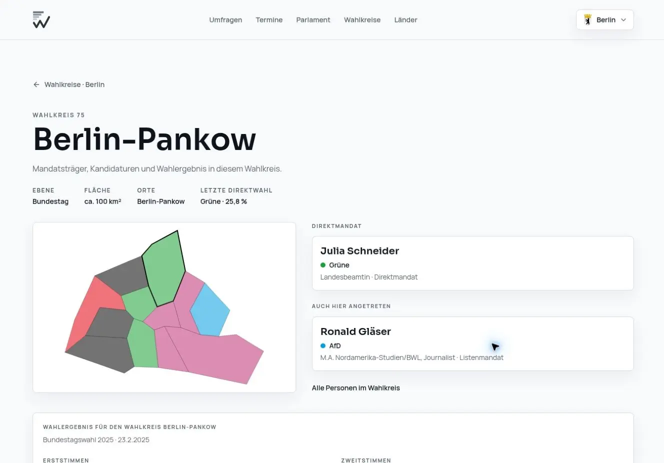 Berlin-Pankow constituency page with its map, representative, candidates and election results