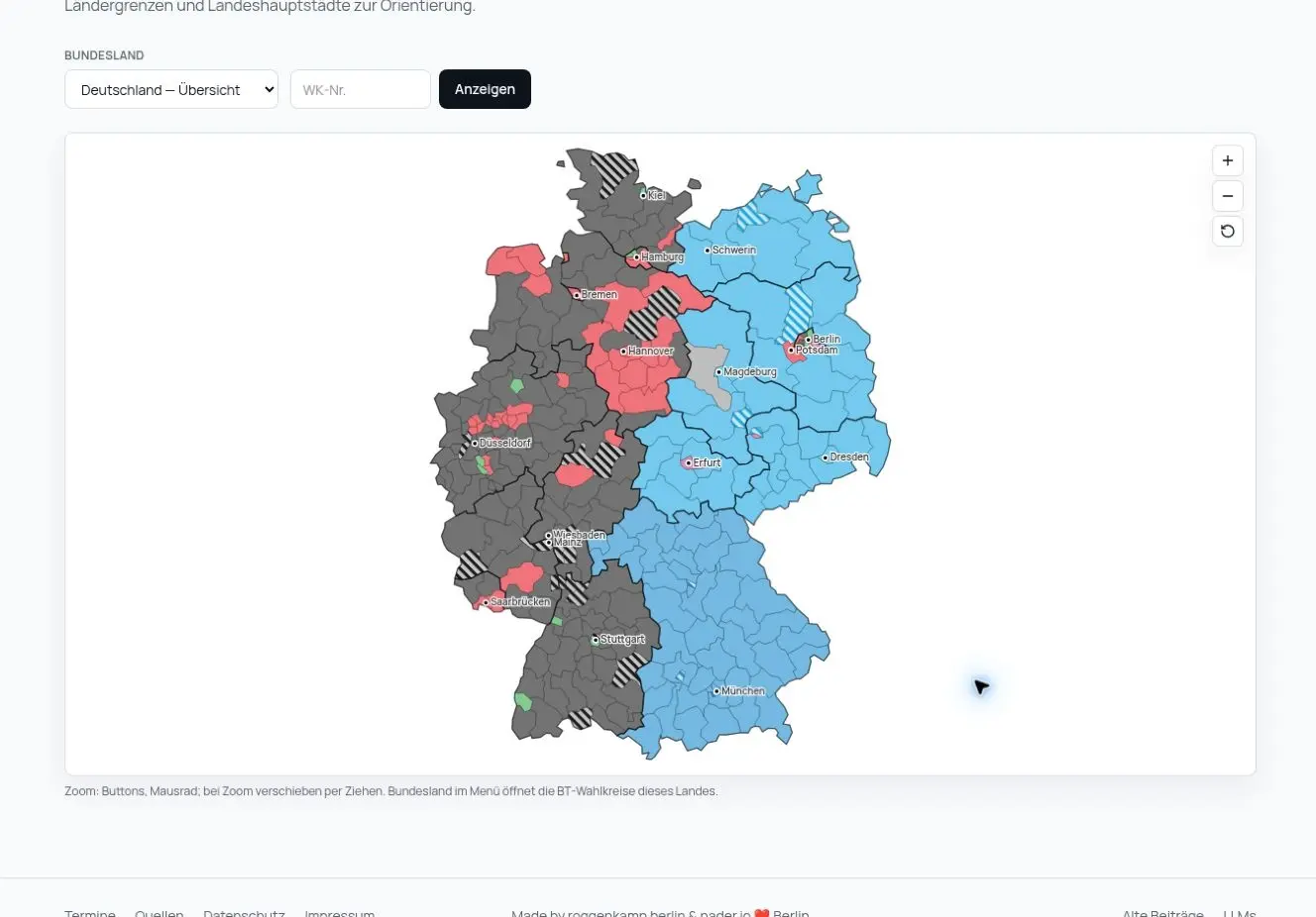 Interactive map of Germany’s Bundestag constituencies coloured by the current direct mandate