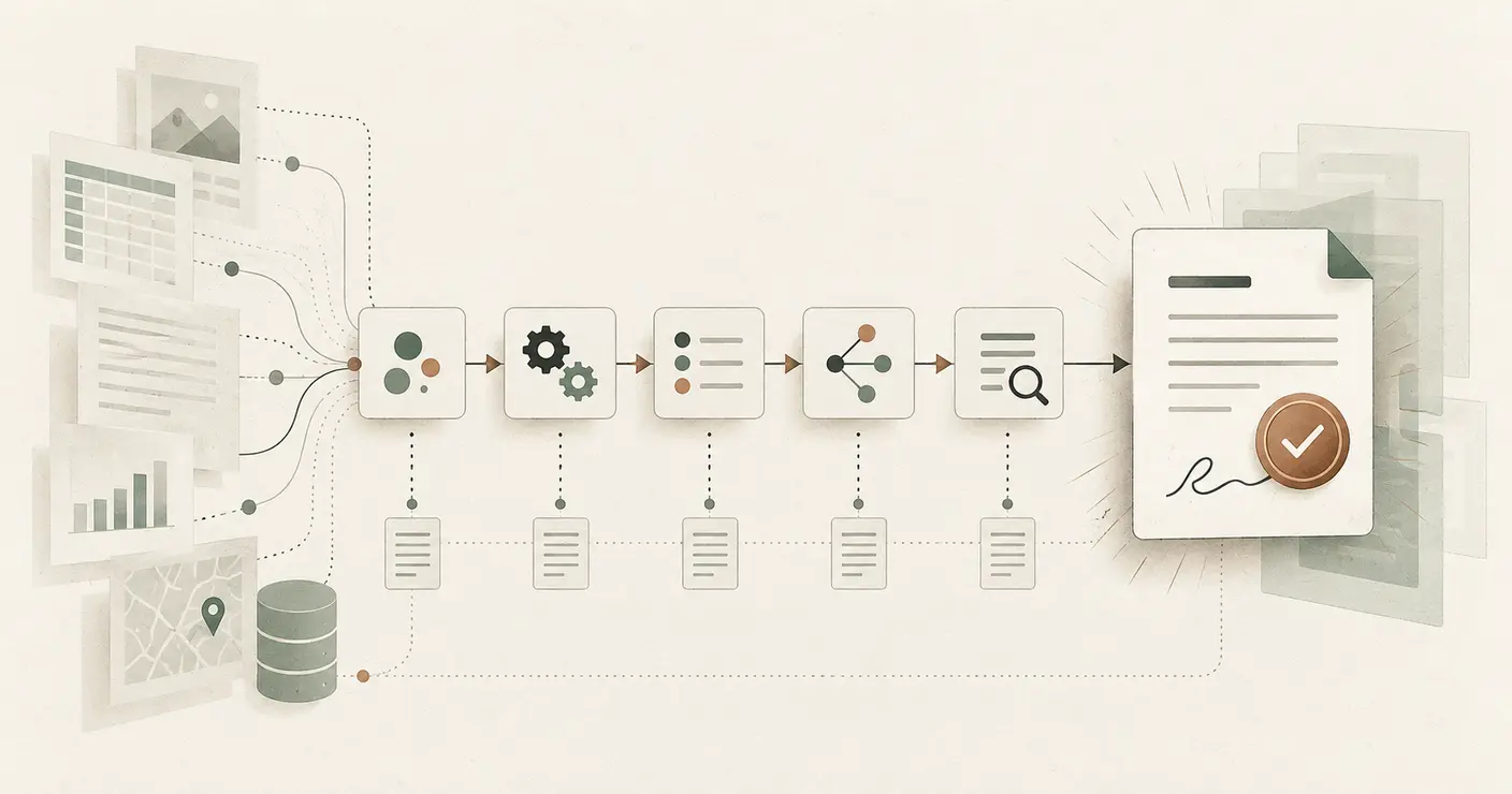 A chain of agent actions and source documents converging on a cryptographically signed receipt.