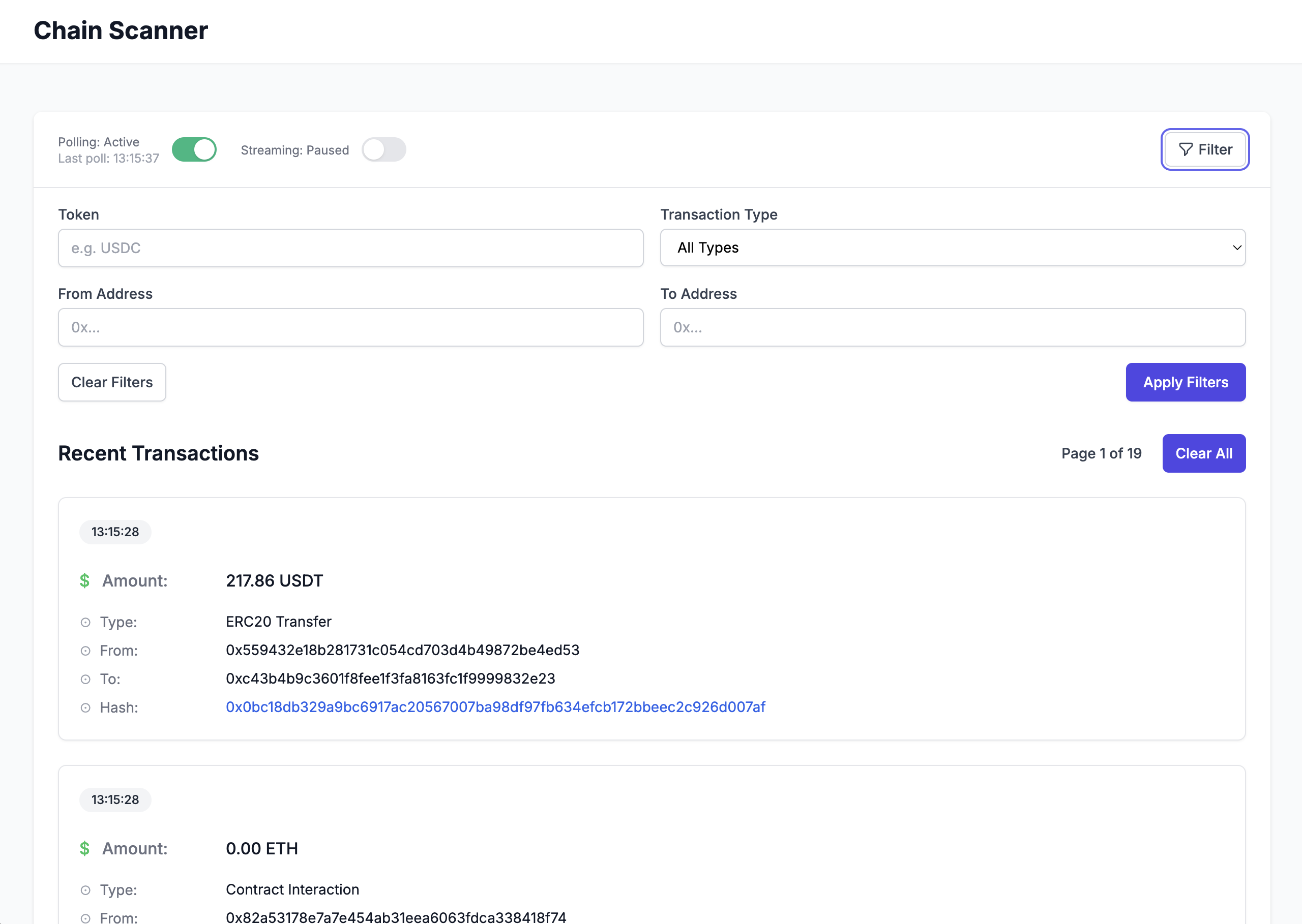 ChainScanner filter panel with advanced filtering options