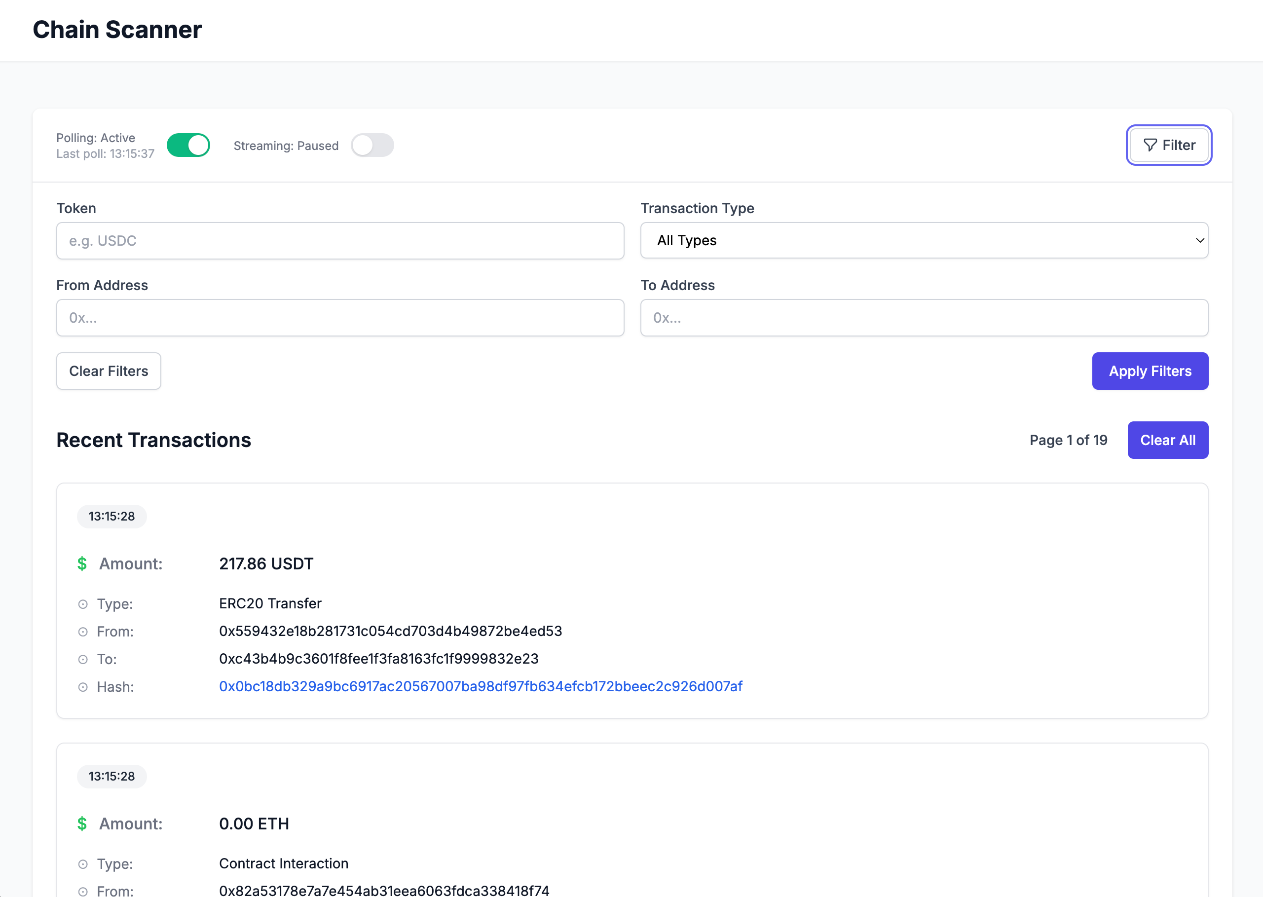 ChainScanner filter panel with advanced filtering options