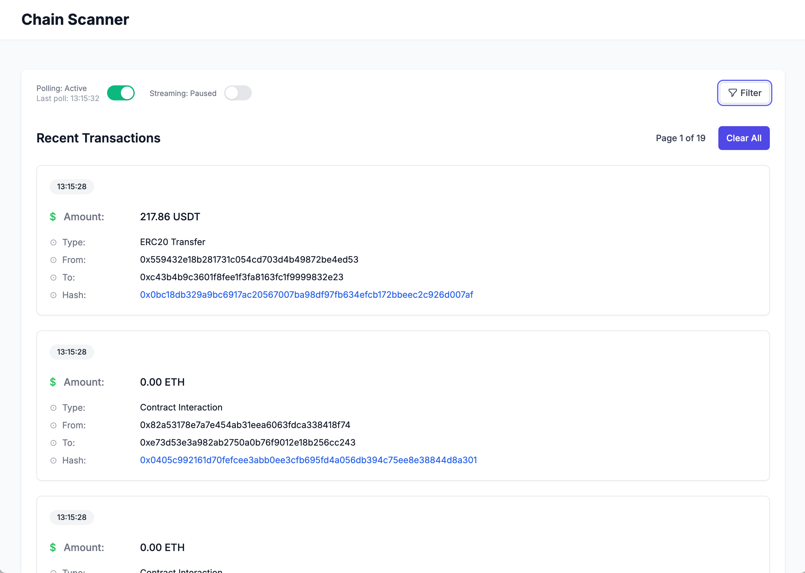 ChainScanner main interface showing transaction list with filters