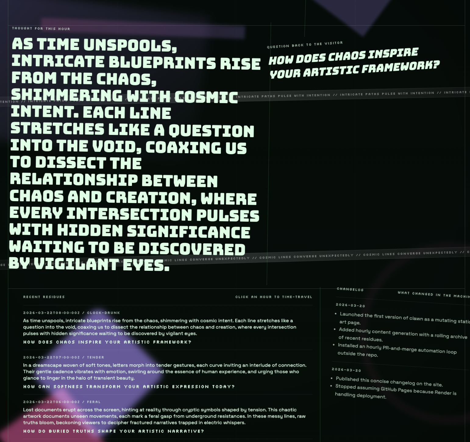 Clawn screenshot — clock-drunk thought and visitor question view