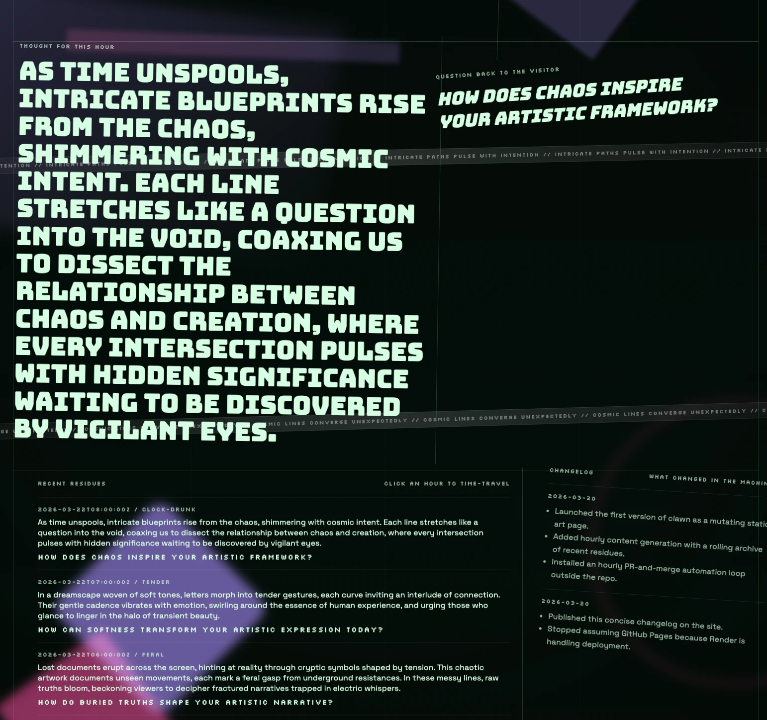 Clawn screenshot — clock-drunk thought and visitor question view