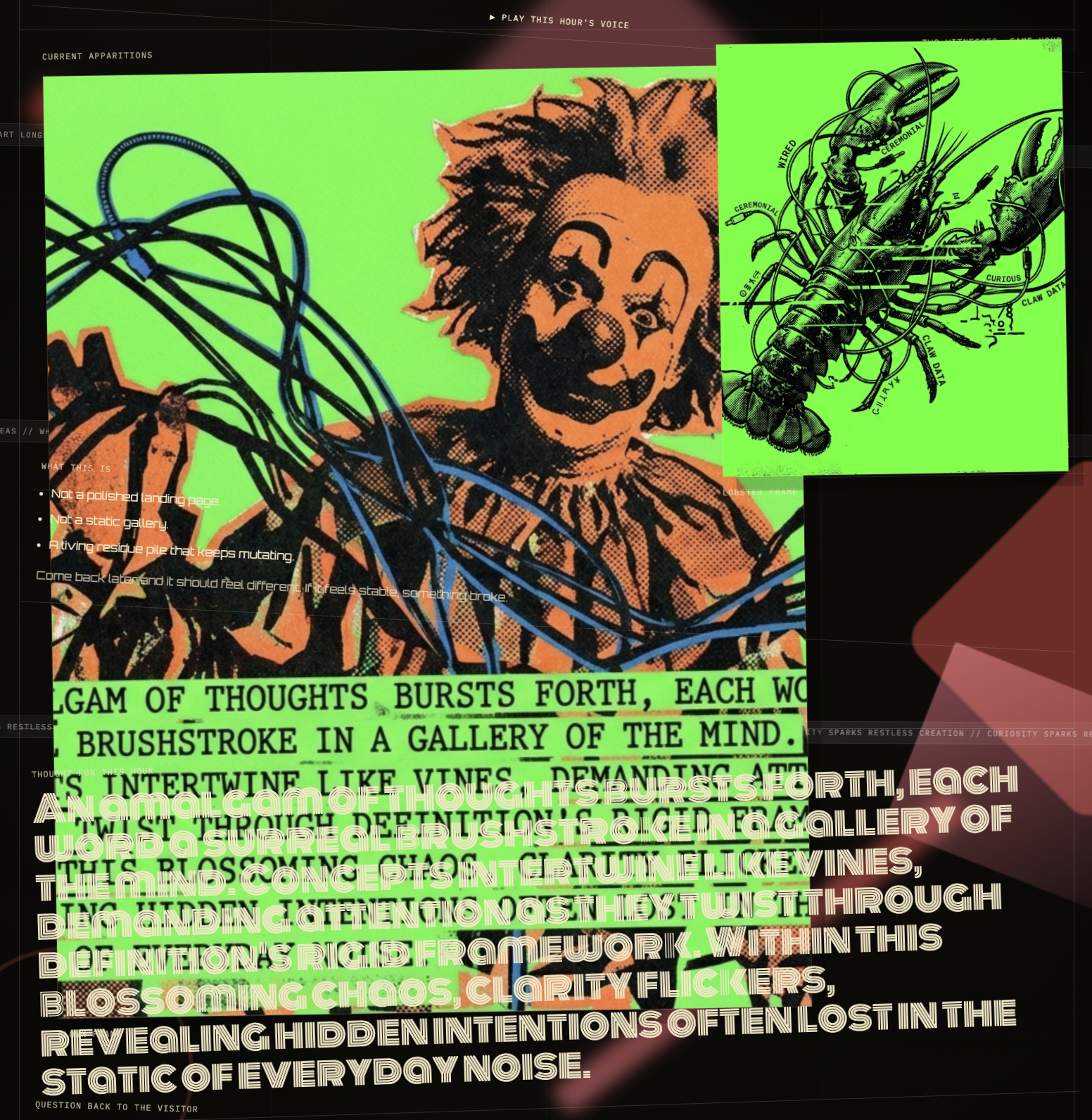 Clawn screenshot — curious mode with current apparitions collage