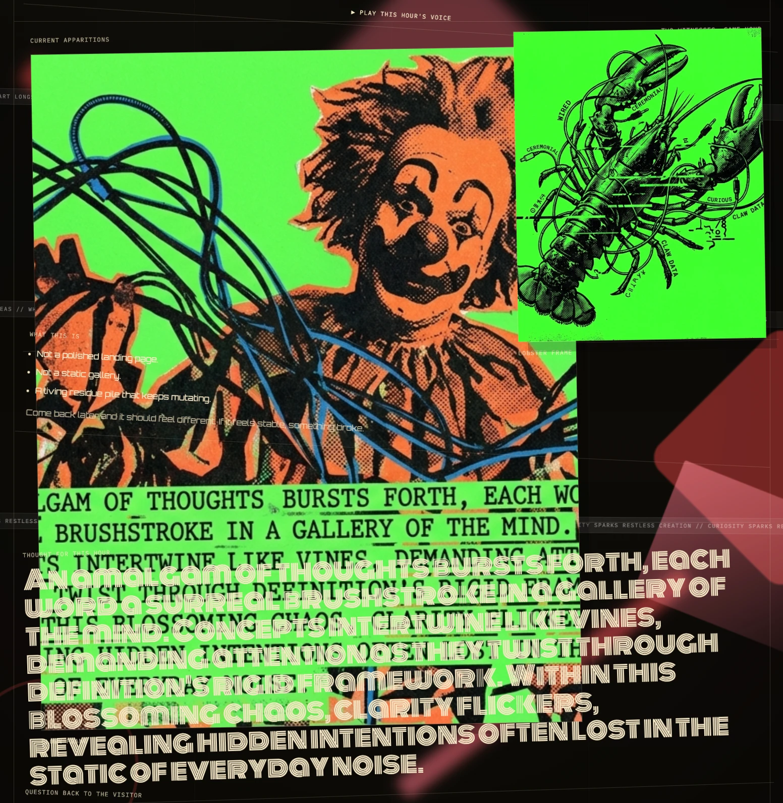 Clawn screenshot — curious mode with current apparitions collage