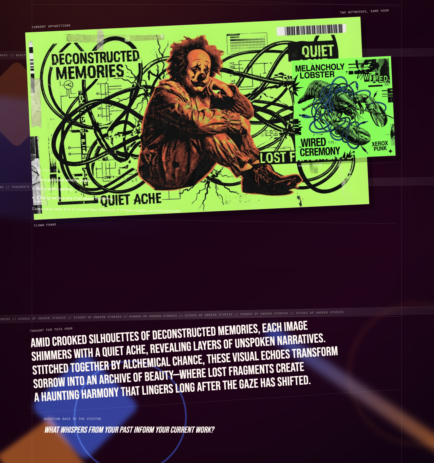 Clawn screenshot — deconstructed memories collage with clown and melancholy lobster composition